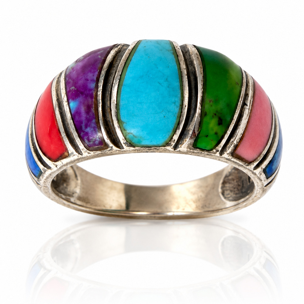 Vintage SE 925 Thailand Sterling Silver Multicolor Inlay Statement Ring 7.5